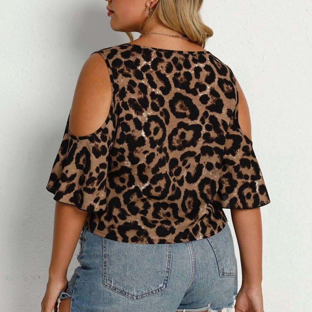 Boho Plus Camel Tan Leopard Front Cold Shoulder Top - Picture 3 of 4